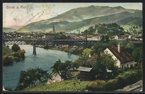 AK Bruck a. Mur, Flusspartie mit Brücke