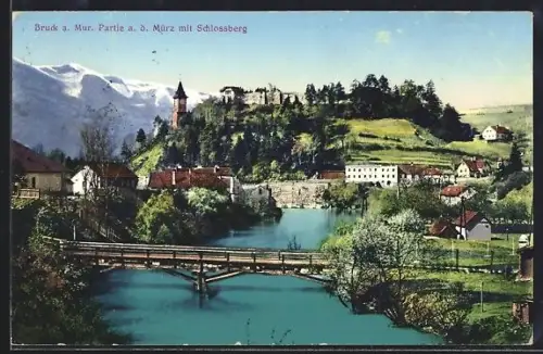 AK Bruck a. Mur, Partie a. d. Mürz mit Schlossberg