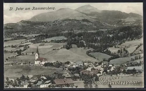 AK St. Peter am Kammersberg, Panorama mit Kirche und Berglandschaft