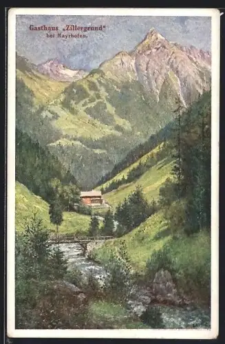 Künstler-AK Mayrhofen, Gasthaus Zillergrund