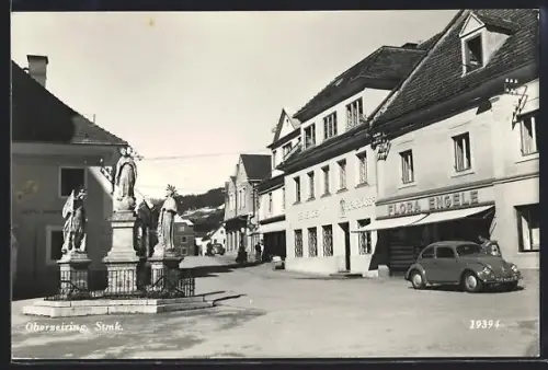 AK Oberzeiring /Stmk., Strassenpartie mit Geschäft von Flora Engele und Sparkasse