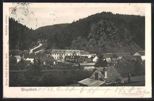 AK Pölla /N.-Oe., Wegscheid am Kamp, Totalansicht mit Strasse und Bergpanorama