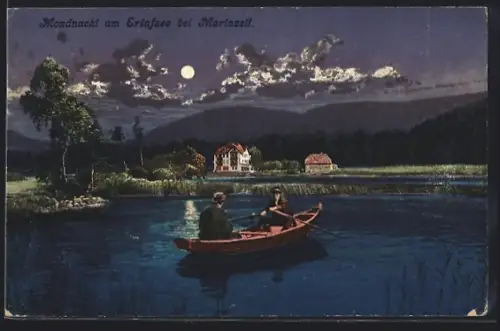 AK Mariazell, Boot in einer Mondnacht am Erlafsee