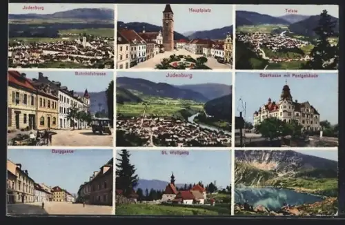AK Judenburg, St. Wolfgang, Bahnhofstrasse, Hauptplatz, Sparkasse und Postgebäude, Burggasse