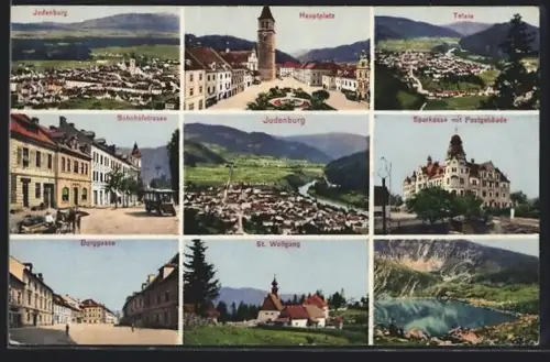 AK Judenburg, St. Wolfgang, Bahnhofstrasse, Hauptplatz, Sparkasse und Postgebäude, Burggasse
