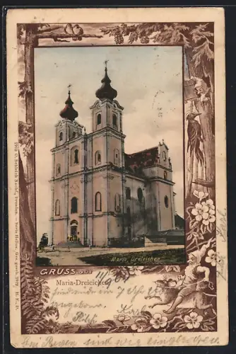 Künstler-AK Maria-Dreieichen, Kirche im Rahmen, Zwerg u. Specht, Zwerg auf dem Rücken einer Ratte