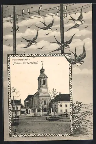 AK Maria-Enzersdorf, Wallfahrtskirche im Rahmen, Schwalben auf Telegraphenleitung