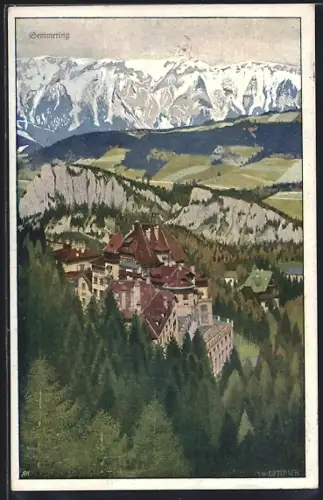 Künstler-AK Semmering, Totalansicht mit Bergpanorama