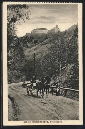 AK Gleichenberg /Steiermark, Schloss Gleichenberg, von der Strasse gesehen, Fuhrwerk