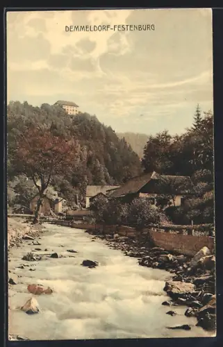 AK St. Lorenzen am Wechsel, Demmeldorf mit Festenburg, Ansicht vom Fluss aus