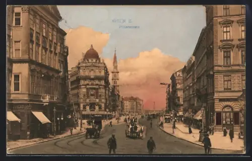 AK Wien, Praterstrasse mit Geschäften, Kuppelgebäude u. Turm