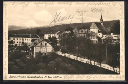 AK Mönichkirchen /N.-Ö., Totalansicht mit Strasse u. Kirche