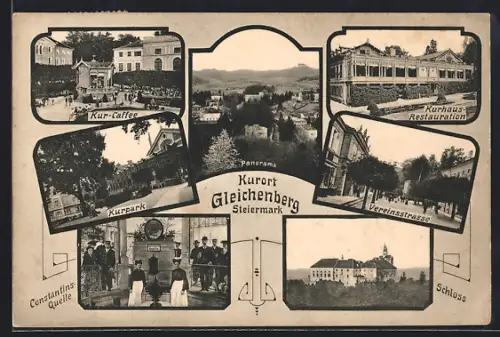 AK Gleichenberg, Cafe, Kurhaus, Vereinsstrasse, Schloss, Mehrfachansicht