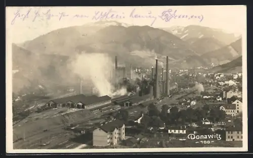 AK Donawitz, Ortsansicht mit Fabrikanlagen aus der Vogelschau