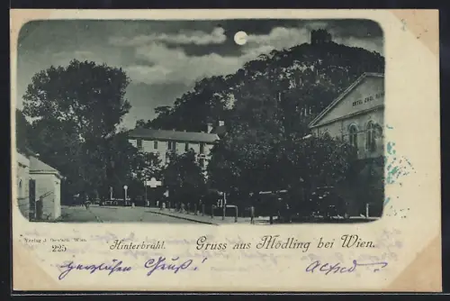 Mondschein-AK Mödling bei Wien, Hinterbrühl, Ortspartie mit Hotel Zwei Raben, Turm