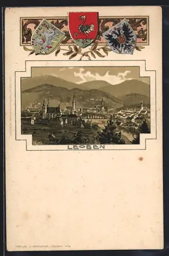 Präge-Lithographie Leoben, Totalansicht mit Brücke, Wappen