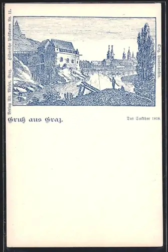 Künstler-AK Graz, Das Stadtthor 1818, mit Angler und Stadtpanorama