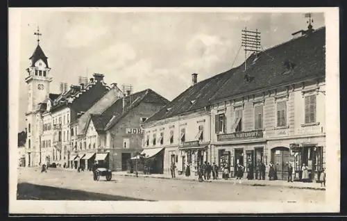 AK Leibnitz, Strassenpartie mit Buchbinderei Winterhoff und Turmgebäude