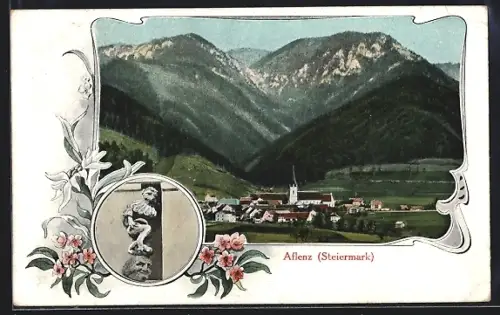 AK Aflenz, Ortschaft mit Bergen, Steinfigur