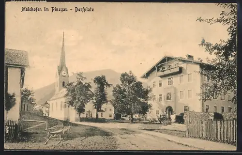 AK Maishofen im Pinzgau, Dorfplatz mit Kirche, Panorama