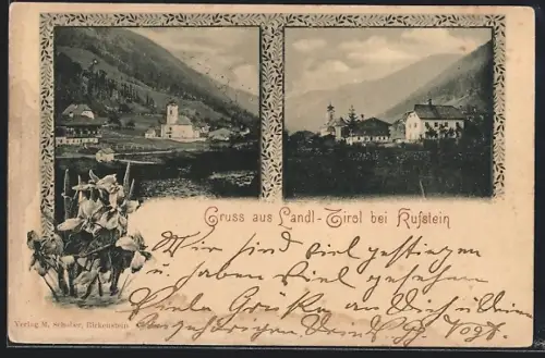 AK Landl /Tirol, Ortsansichten mit Kirche, Alpenveilchen