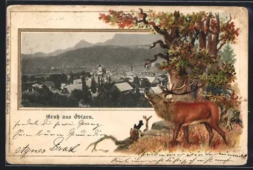 Präge-AK Öblarn, Totalansicht aus der Vogelschau, Hirsch im Herbst