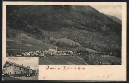 AK Reith /Tirol, Handlung und Gasthaus, Gesamtansicht mit Feldern