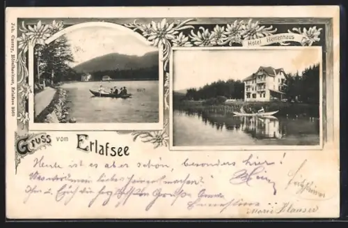 AK Erlafsee, Hotel Herrenhaus, Uferpartie mit Boot