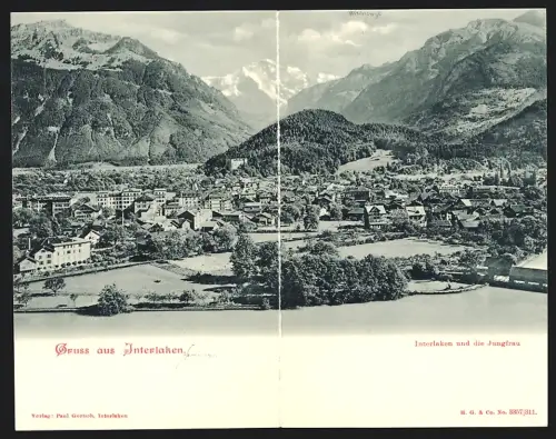 Klapp-AK Interlaken, Ortspanorama mit Gebirge im Hintergrund