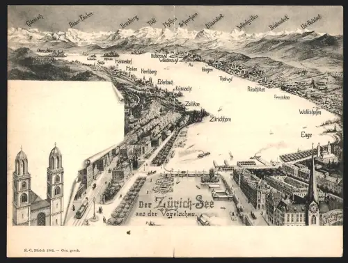 Klapp-AK Zürich, Panorama vom Zürich-See aus der Vogelschau