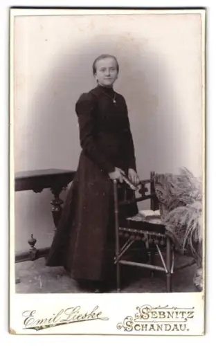 Fotografie Emil Lieske, Schandau, Kirchgasse 27, Elegante Dame im langen Kleid