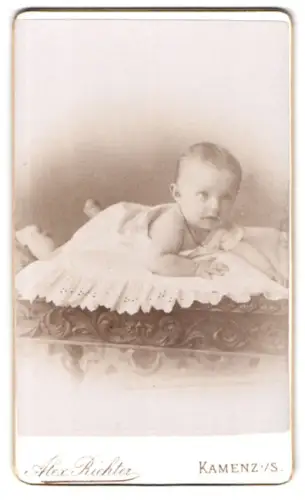 Fotografie Alex Richter, Kamenz i. S., Kleinkind auf verzierter Decke