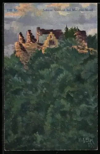 Künstler-AK Schloss Veldenz /Mühlheim, Gesamtansicht aus der Vogelschau