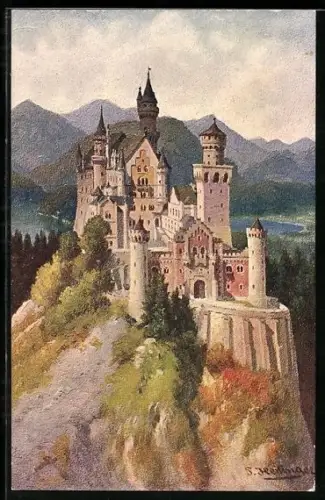 Künstler-AK Schloss Neuschwanstein aus der Vogelschau