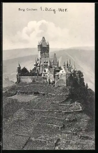 AK Burg Cochem, Gesamtansicht mit Weinterrassen