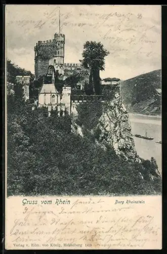 AK Burg Rheinstein, Gesamtansicht mit Rheinblick