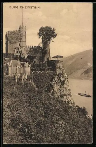 AK Burg Rheinstein, Ansicht mit Rhein