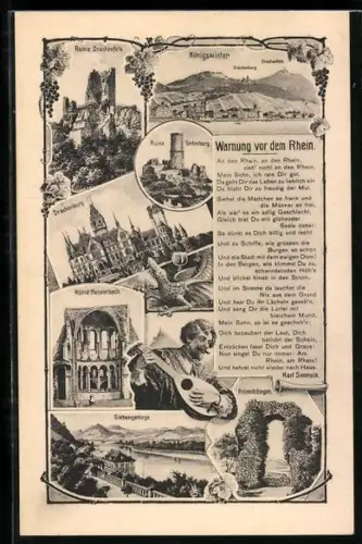 AK Rhein, Ruinen Drachenfels, Godesberg u. Heisterbach, Drachenburg, Gedicht Warnung vor dem Rhein