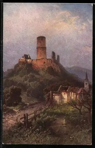 Künstler-AK Bonn, Ruine Godesburg, darunter Häuser und Kirche