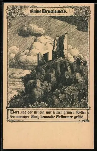 Künstler-AK Königswinter, Ruine Drachenfels, Deutsche Burgen Nr. 183