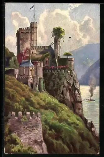 Künstler-AK Schloss Rheinstein, Ansicht mit Rheinblick