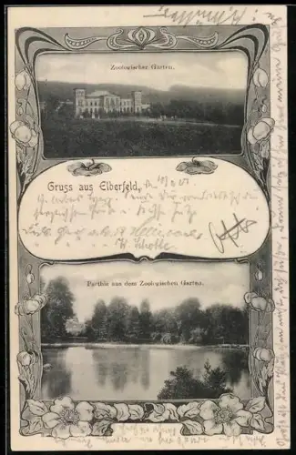 AK Elberfeld, Zoologischer Garten, Gesamtansicht, Teilansicht vom Wasser aus