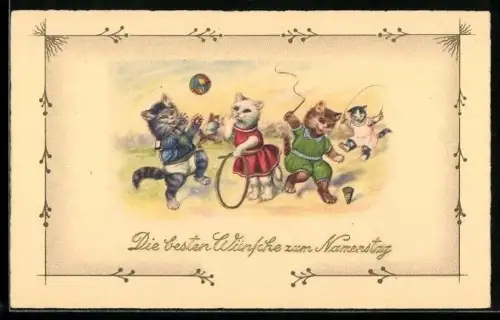 AK Katzen spielen auf der Wiese, Glückwunsch zum Namenstag, vermenschlichte Tiere