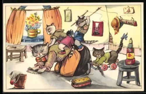 AK Katze mit Katzenkindern beim Bodenschrubben, vermenschlichte Tiere