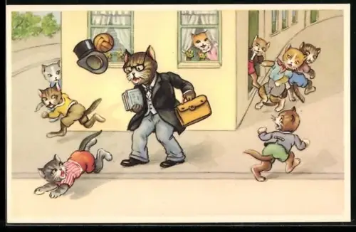 AK freche Katzenkinder flüchten vor dem Lehrer, vermenschlichte Tiere