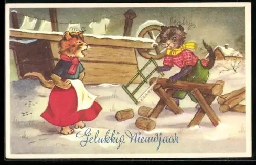 AK Katze und Kater beim Holzsägen, Neujahrsgruss, vermenschlichte Tiere