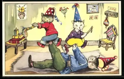 AK Verkleidete Katzen machen Akrobatik, vermenschlichte Tiere