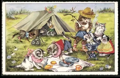 AK Katzenfamilie beim Zelten, vermenschlichte Tiere