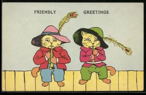 AK Zwei Kater spielen Flöte, vermenschlichte Tiere