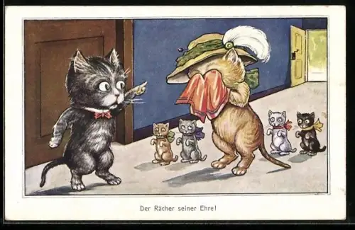AK Der Rächer seiner Ehre!, menschliche Katzenfamilie
